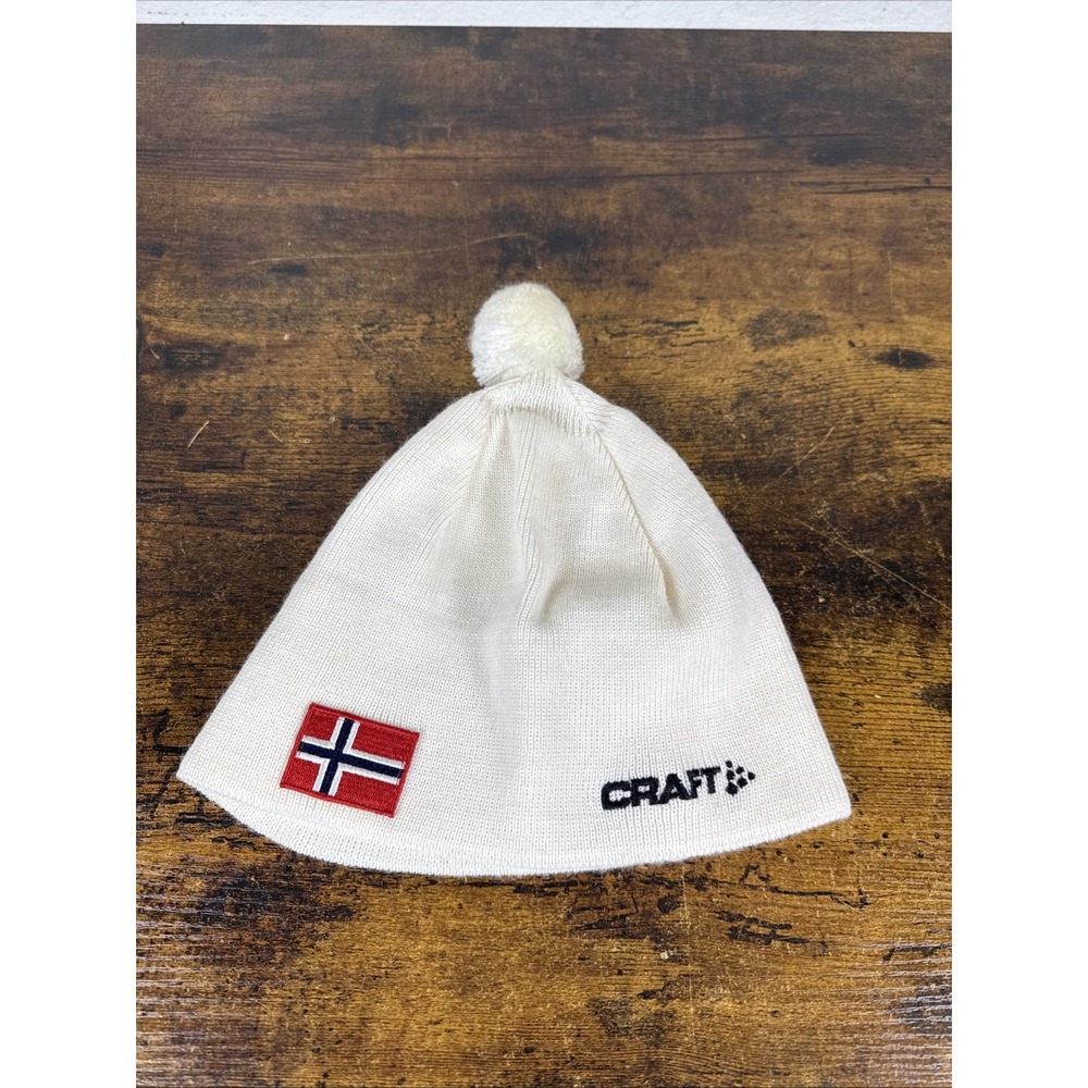 CRAFT Norway Ski Team Beanie Hat Pom Pom White Red Blue NWOT Made in Sweden L/XL
